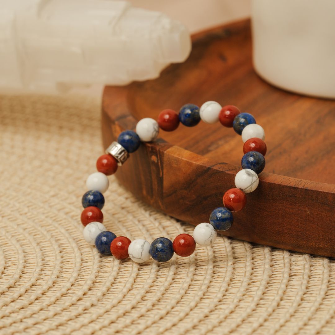 Bracelet « Ancrage profond » en Lapis Lazuli, Howlite et Jaspe Rouge