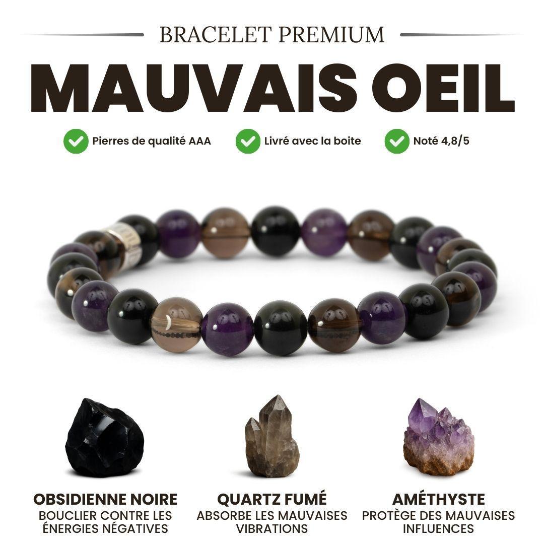Bracelet « Bouclier contre le mauvais œil » en Obsidienne Noire, Quartz Fumé et Améthyste