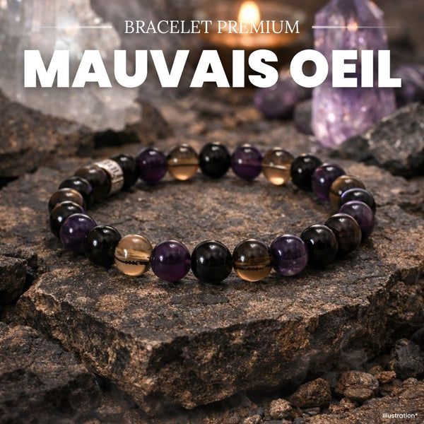 Bracelet « Bouclier contre le mauvais œil » en Obsidienne Noire, Quartz Fumé et Améthyste