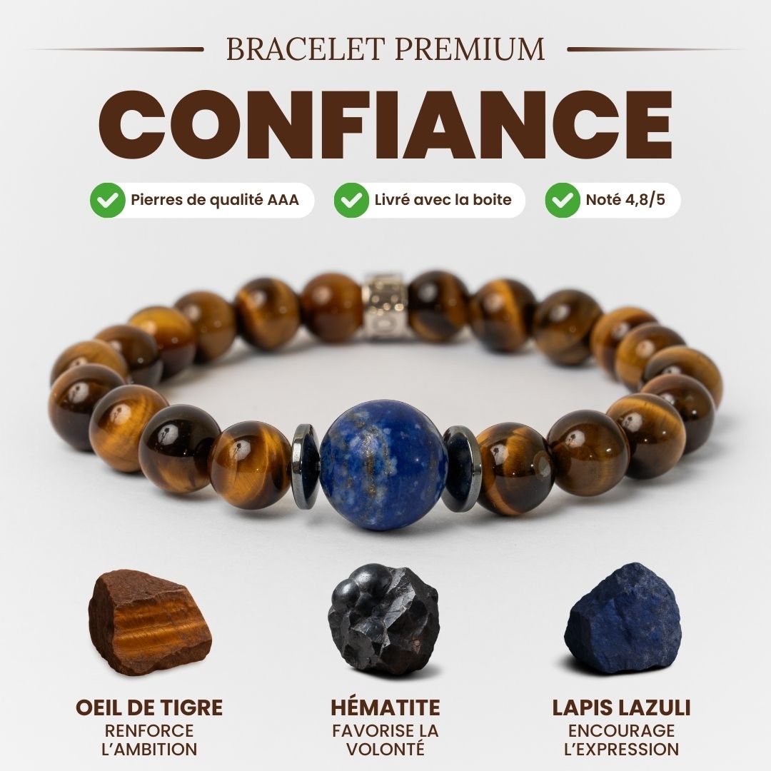Bracelet « Confiance en soi » en Oeil de Tigre, Hematite et Lapis Lazuli