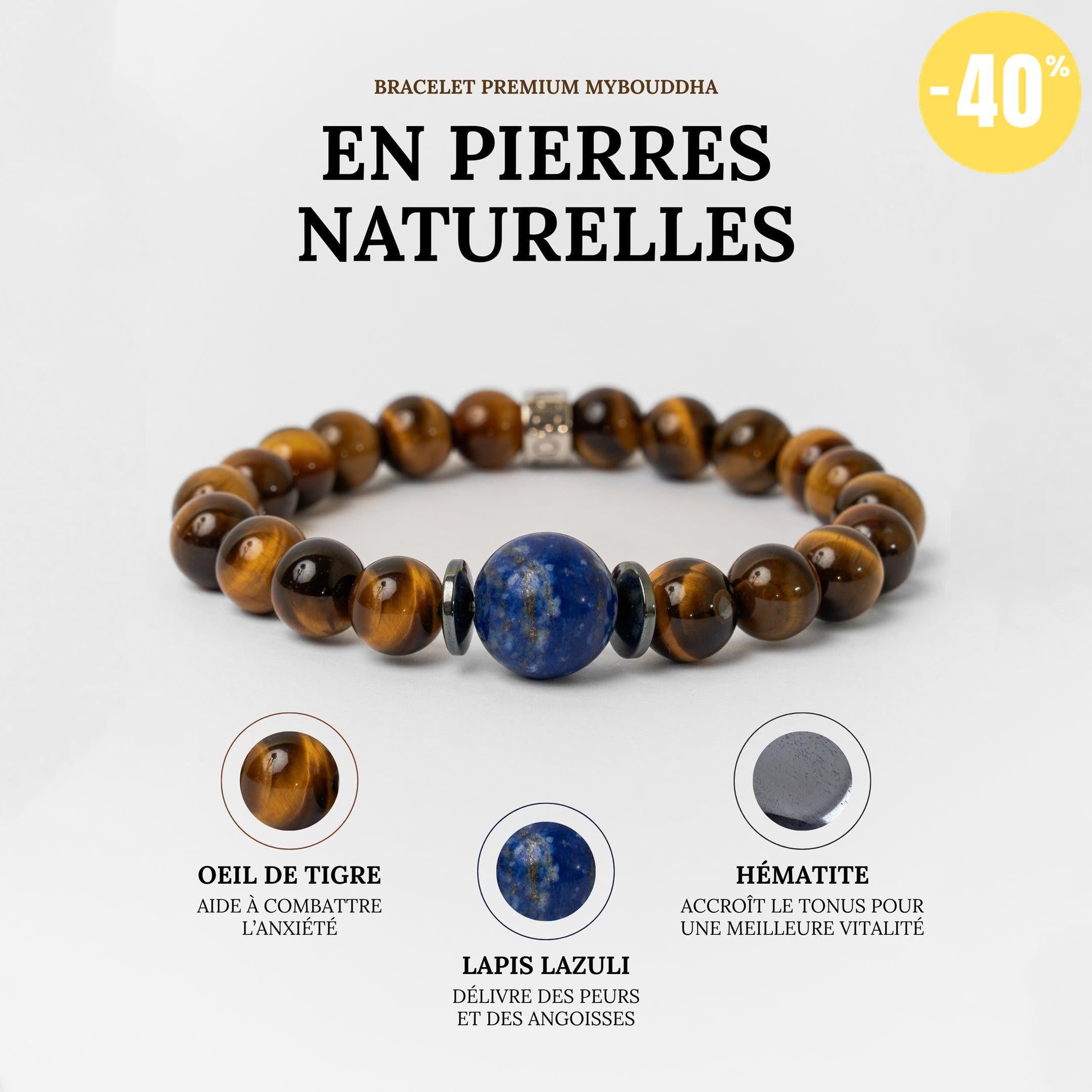 Bracelet « Confiance en soi » en Oeil de Tigre, Hematite et Lapis Lazuli