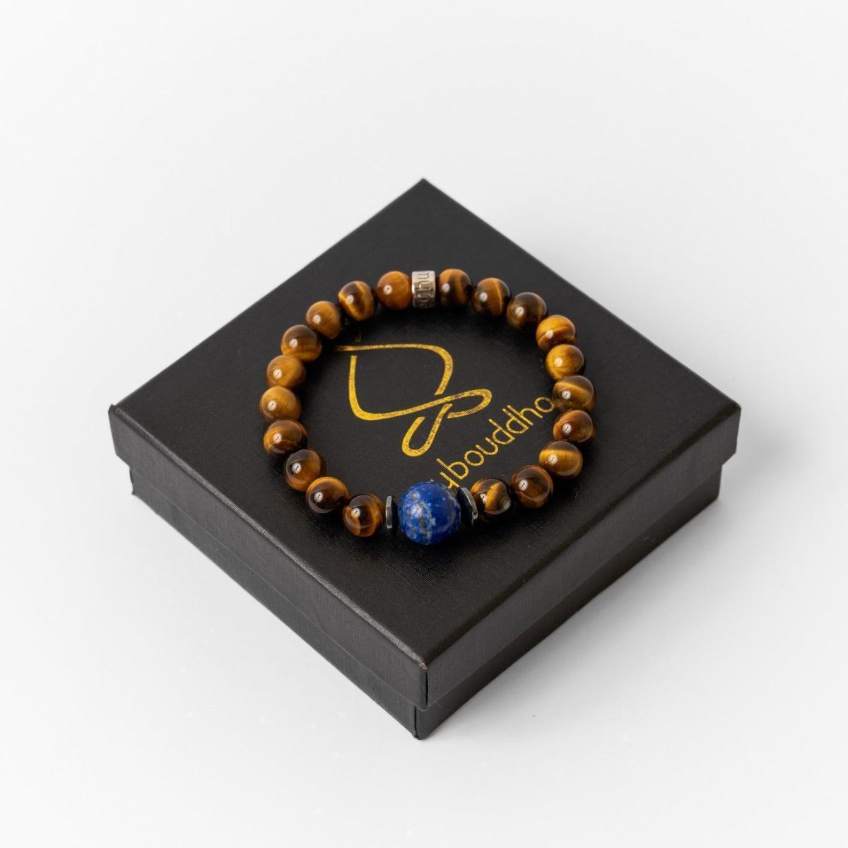 Bracelet « Confiance en soi » en Oeil de Tigre, Hematite et Lapis Lazuli