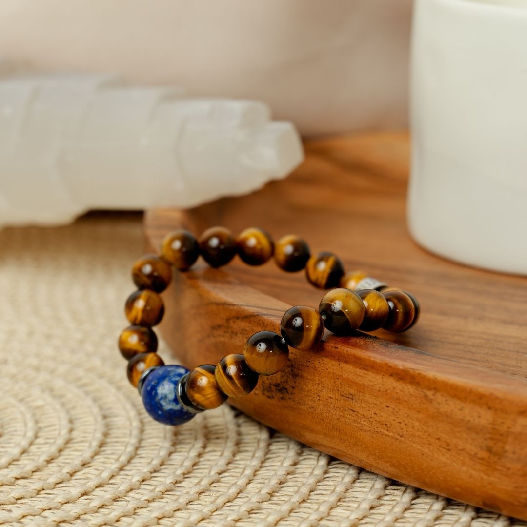 Bracelet « Confiance en soi » en Oeil de Tigre, Hematite et Lapis Lazuli