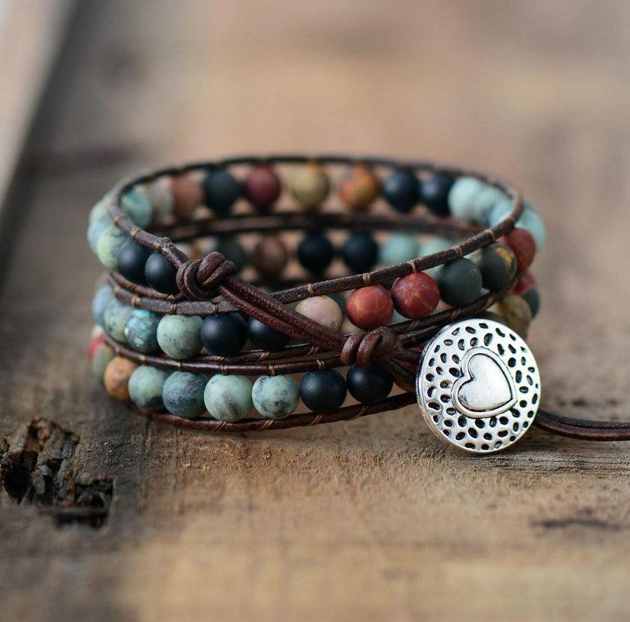 Bracelet «Courage et Paix intérieure» en pierres et cuir