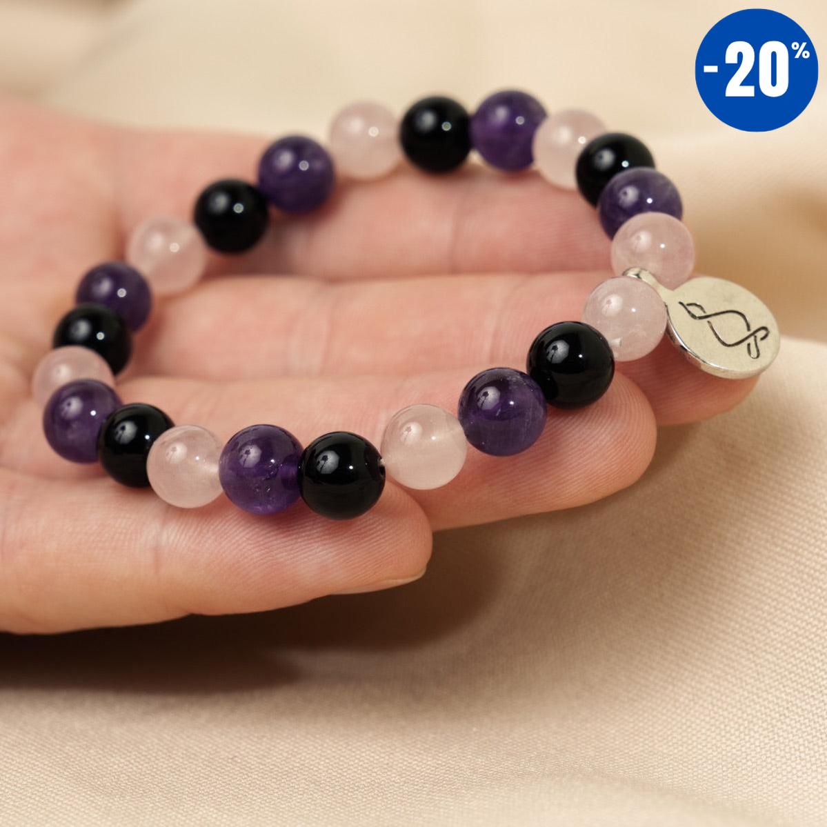 Bracelet « Créativité et Régénération » en Quartz Rose, Améthyste et Onyx Noir