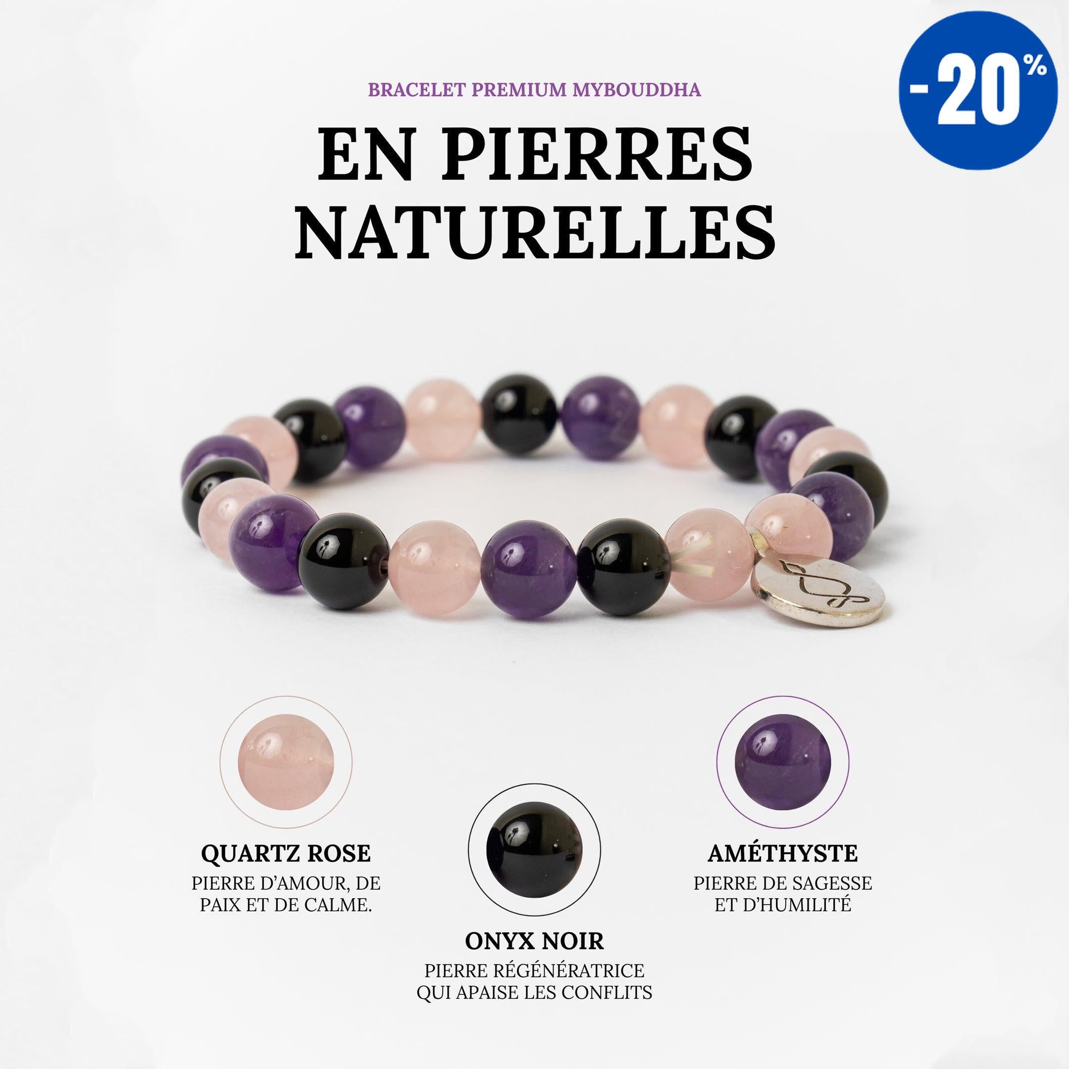 Bracelet « Créativité et Régénération » en Quartz Rose, Améthyste et Onyx Noir