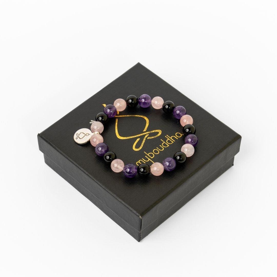 Bracelet « Créativité et Régénération » en Quartz Rose, Améthyste et Onyx Noir