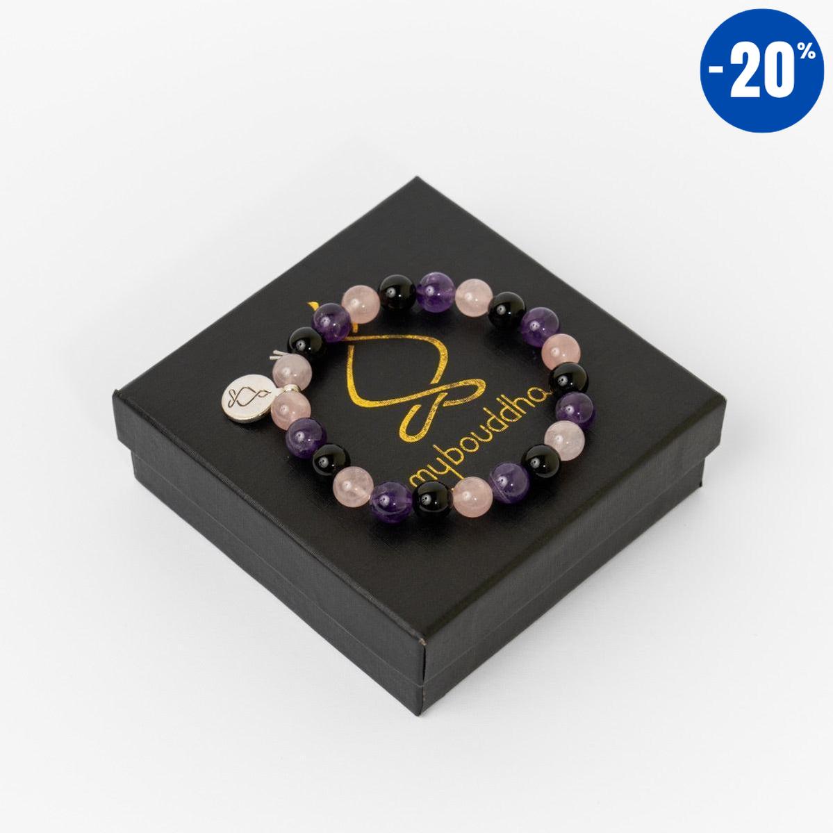 Bracelet « Créativité et Régénération » en Quartz Rose, Améthyste et Onyx Noir