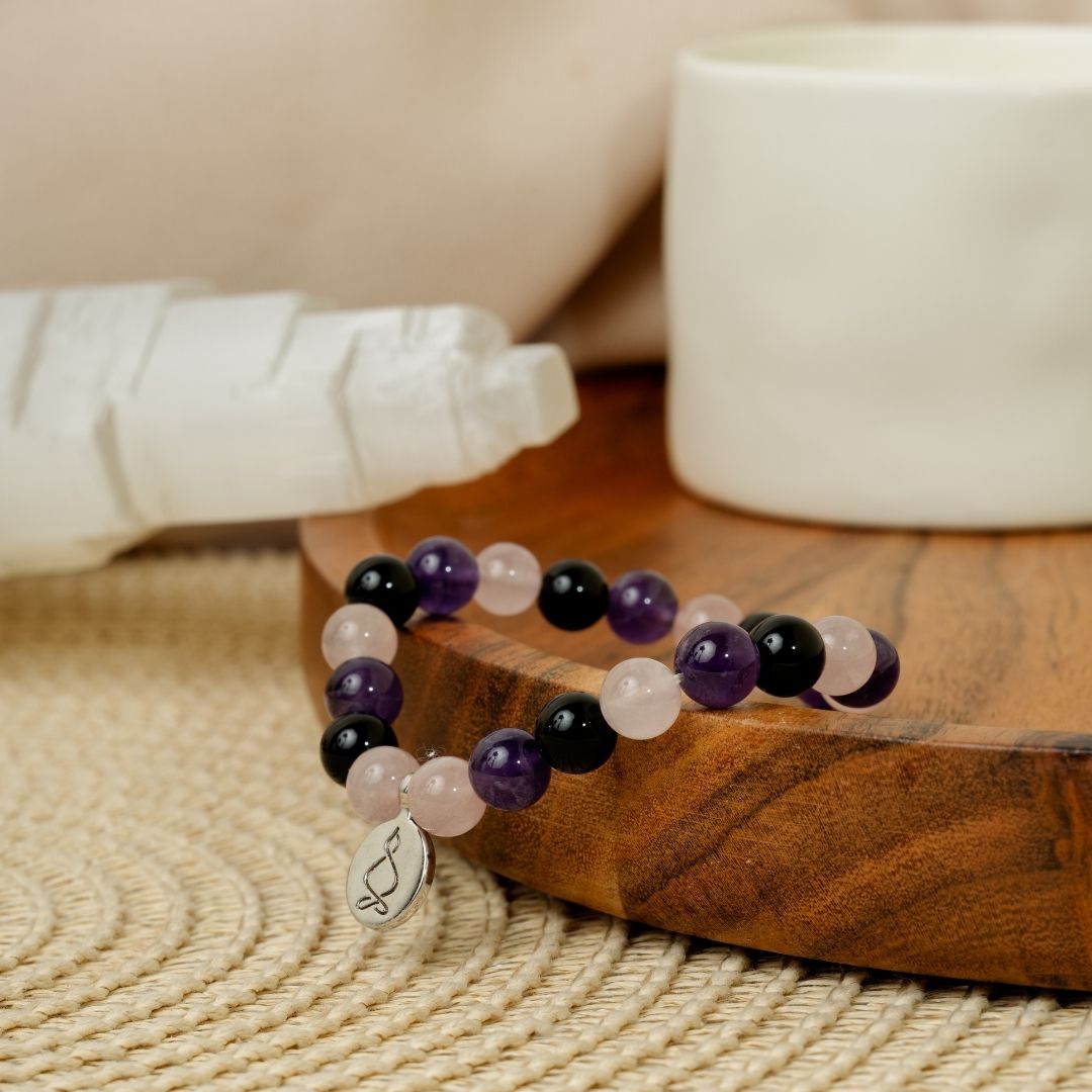Bracelet « Créativité et Régénération » en Quartz Rose, Améthyste et Onyx Noir