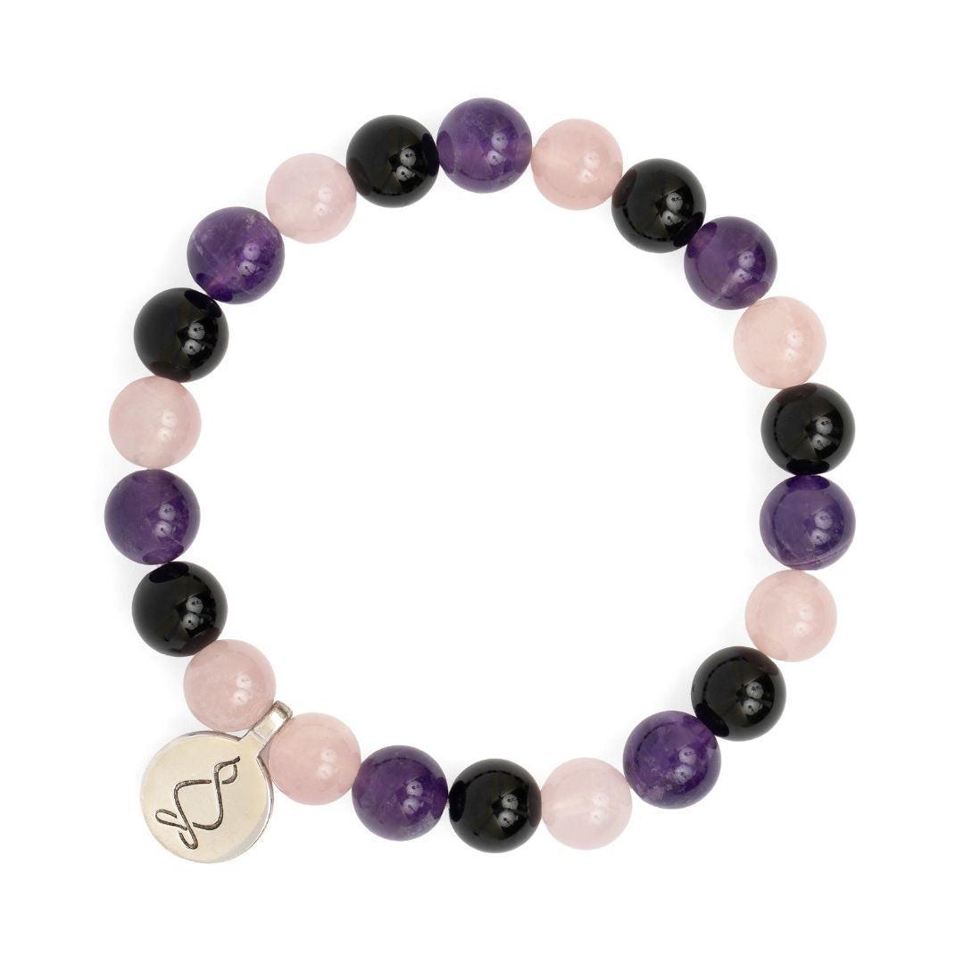 Bracelet « Créativité et Régénération » en Quartz Rose, Améthyste et Onyx Noir