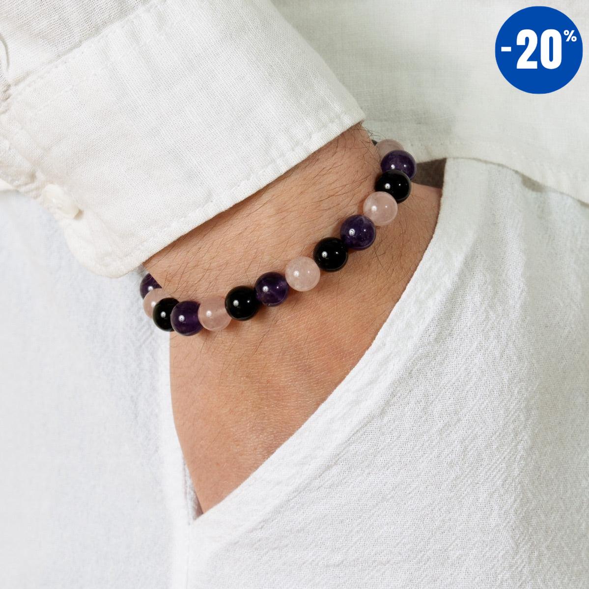 Bracelet « Créativité et Régénération » en Quartz Rose, Améthyste et Onyx Noir