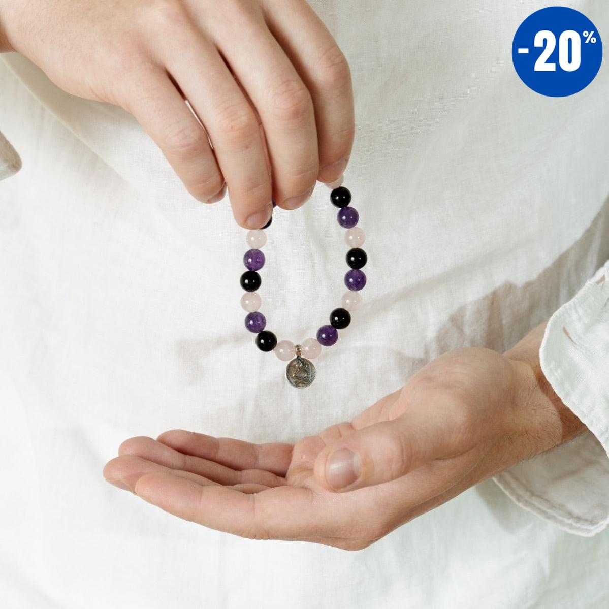 Bracelet « Créativité et Régénération » en Quartz Rose, Améthyste et Onyx Noir