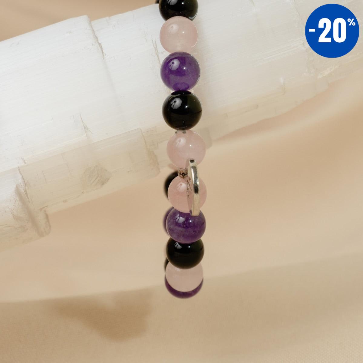 Bracelet « Créativité et Régénération » en Quartz Rose, Améthyste et Onyx Noir