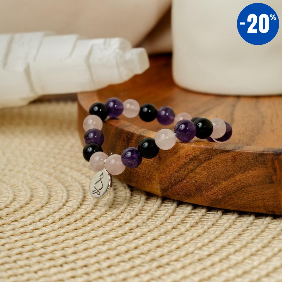 Bracelet « Créativité et Régénération » en Quartz Rose, Améthyste et Onyx Noir