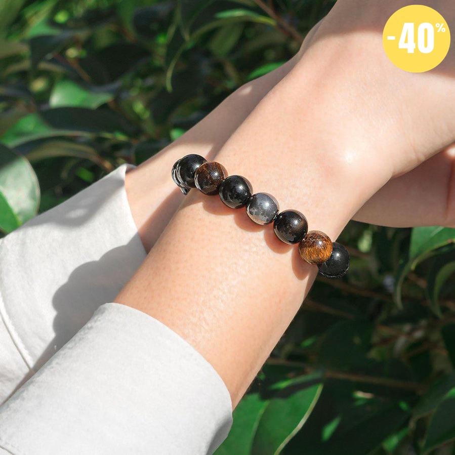 Bracelet de PROTECTION, ENERGIE POSITIVE et PUISSANCE en obsidienne noire, oeil de tigre et hématite.