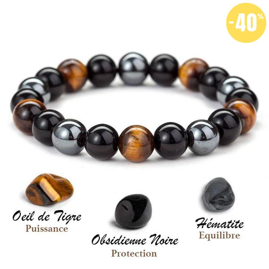 Bracelet de PROTECTION, ENERGIE POSITIVE et PUISSANCE en obsidienne noire, oeil de tigre et hématite.