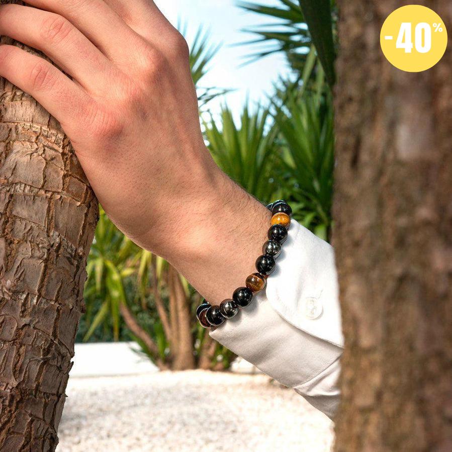 Bracelet de PROTECTION, ENERGIE POSITIVE et PUISSANCE en obsidienne noire, oeil de tigre et hématite.