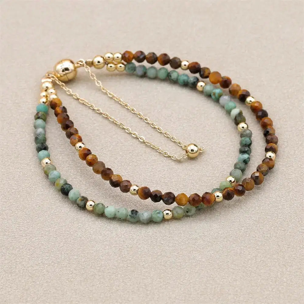 Bracelet double rangs multi perles en Jaspe africain et Œil de tigre