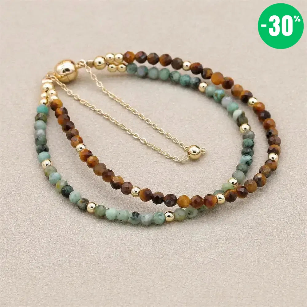 Bracelet double rangs multi perles en Jaspe africain et Œil de tigre