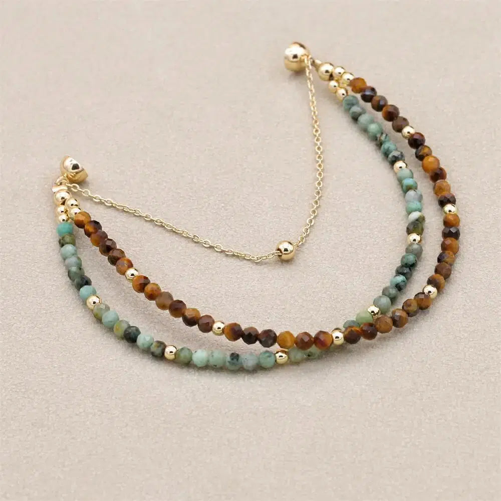 Bracelet double rangs multi perles en Jaspe africain et Œil de tigre