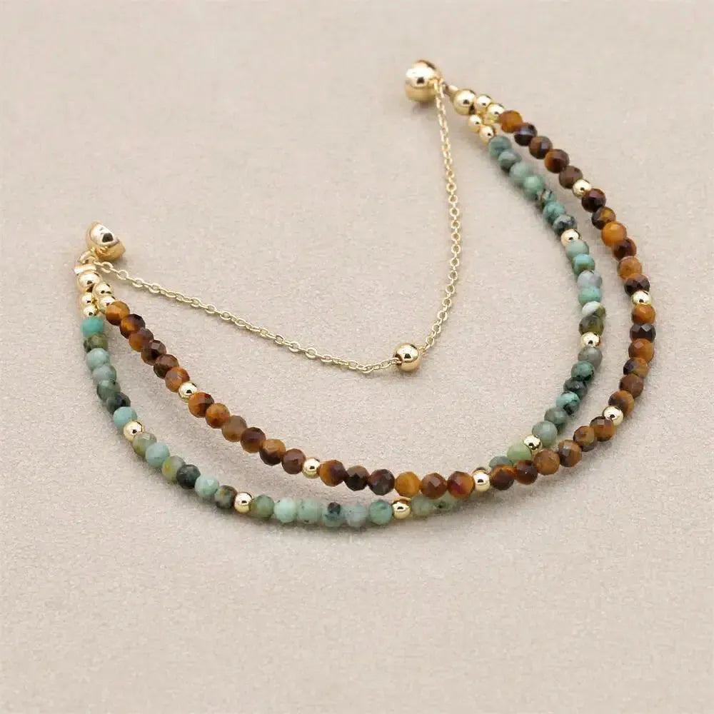Bracelet double rangs multi perles en Jaspe africain et Œil de tigre