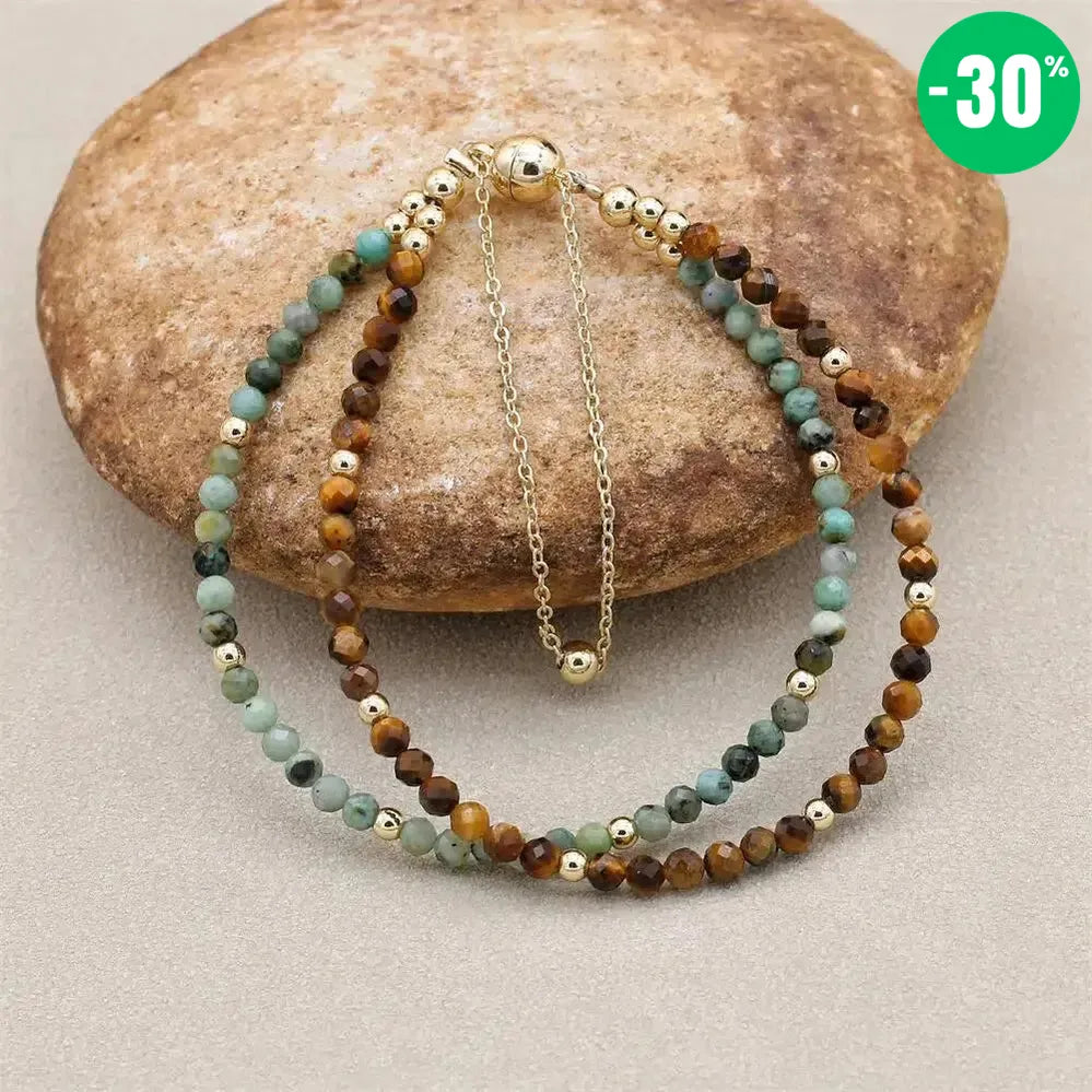 Bracelet double rangs multi perles en Jaspe africain et Œil de tigre