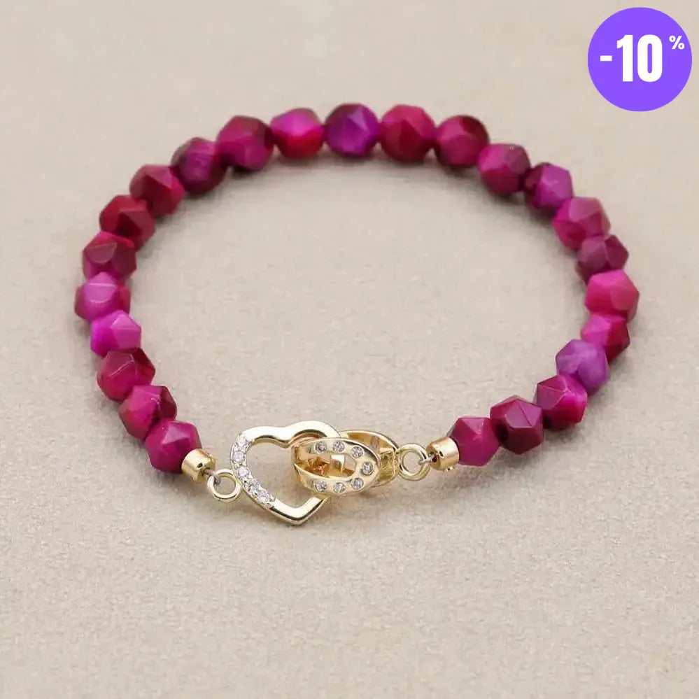 Bracelet en perles d'Œil de tigre bleu royal et fermoir cœur