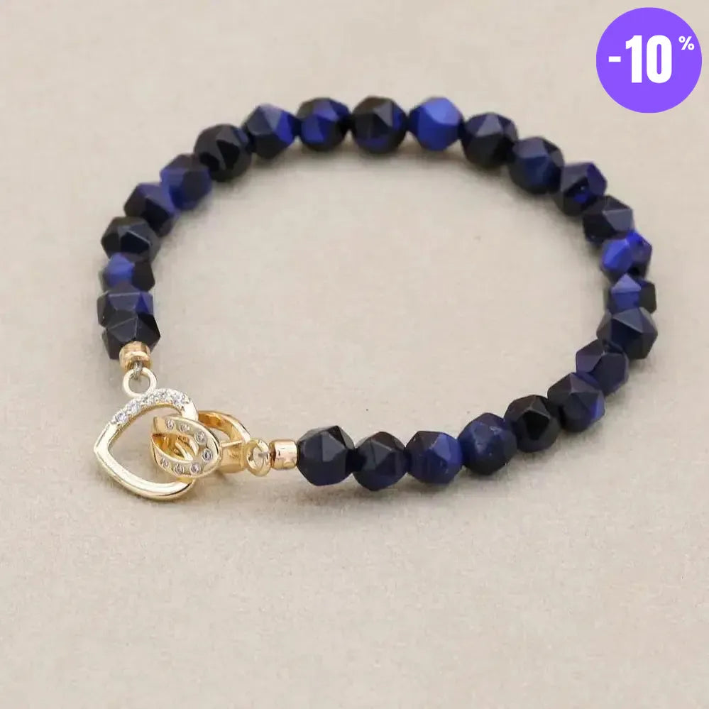 Bracelet en perles d'Œil de tigre bleu royal et fermoir cœur