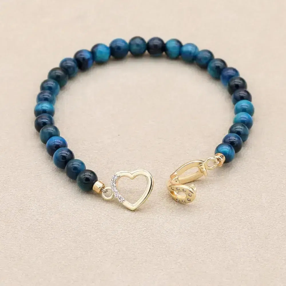 Bracelet en perles d'Œil de tigre bleu royal et fermoir cœur