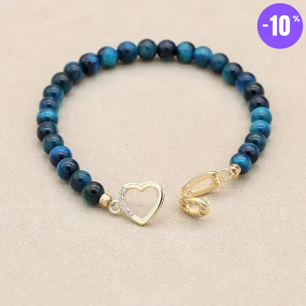 Bracelet en perles d'Œil de tigre bleu royal et fermoir cœur