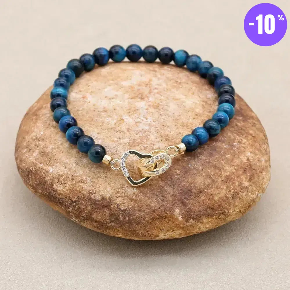 Bracelet en perles d'Œil de tigre bleu royal et fermoir cœur