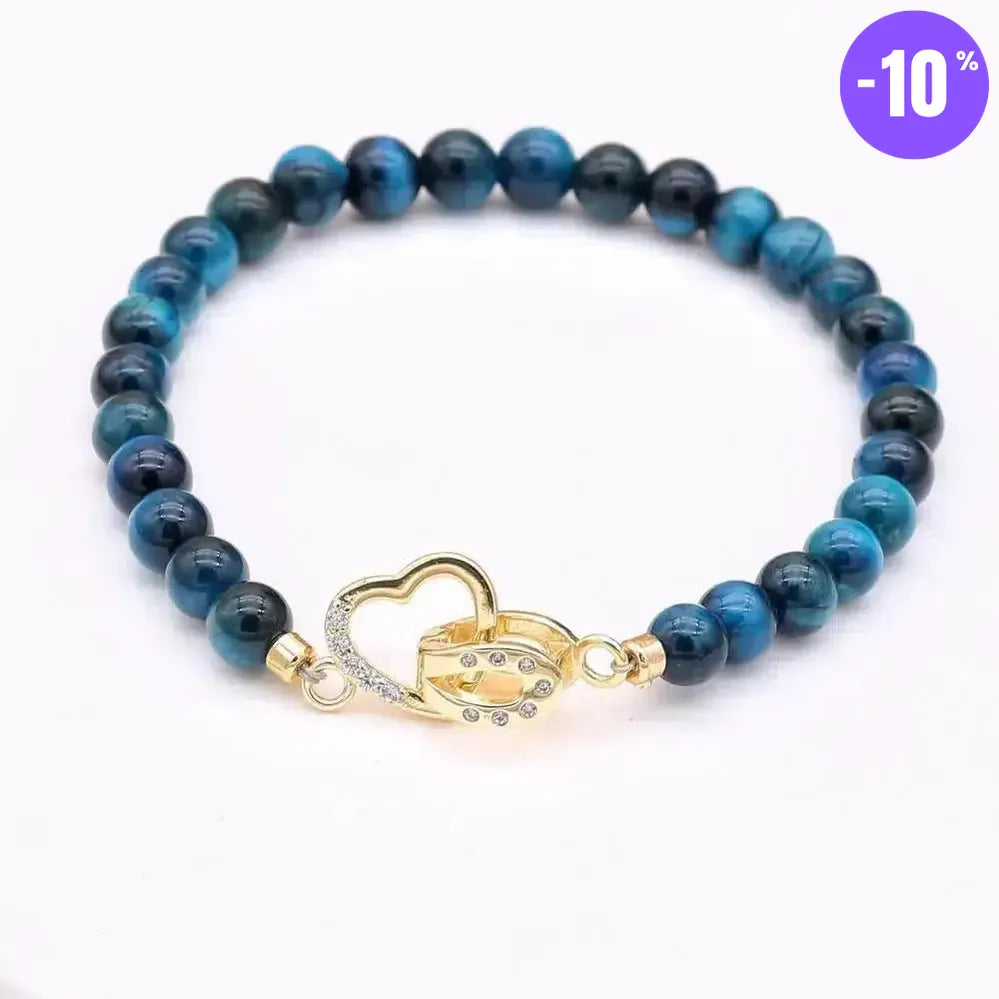 Bracelet en perles d'Œil de tigre bleu royal et fermoir cœur