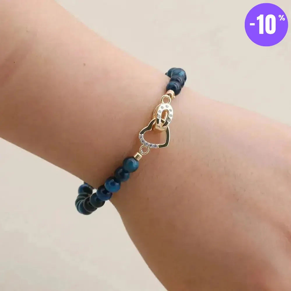 Bracelet en perles d'Œil de tigre bleu royal et fermoir cœur