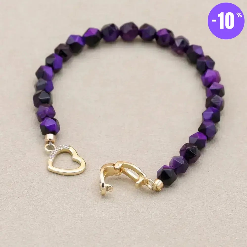 Bracelet en perles d'Œil de tigre bleu royal et fermoir cœur