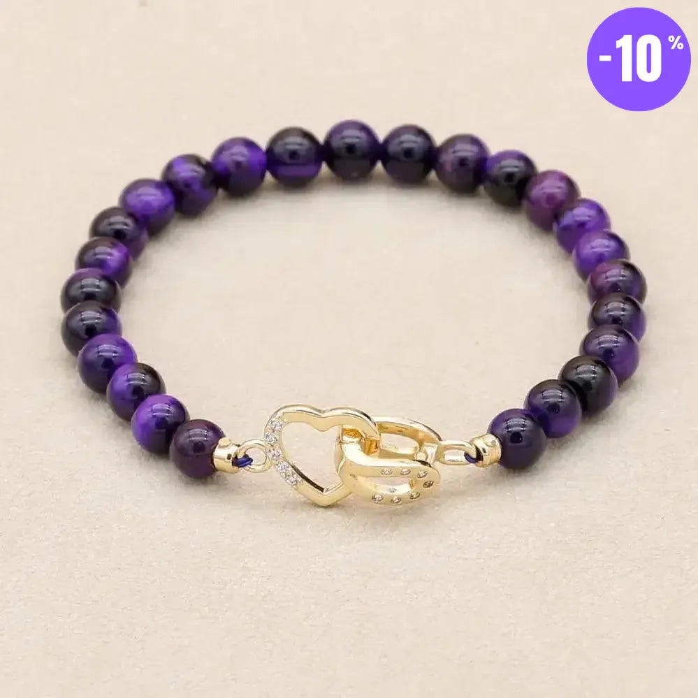 Bracelet en perles d'Œil de tigre bleu royal et fermoir cœur