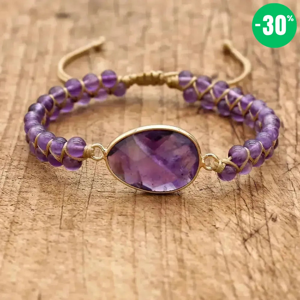 Bracelet en pierres d'Améthyste, sur macramé tressé