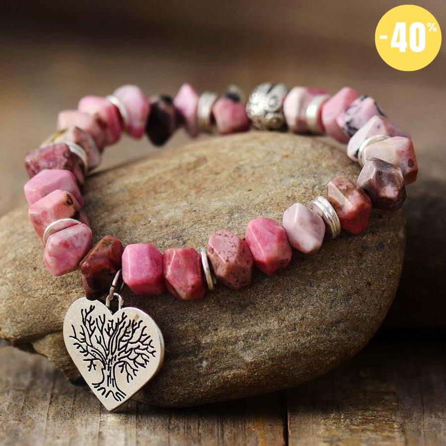 Bracelet en Rhodonite et son charme Cœur gravé Arbre de vie