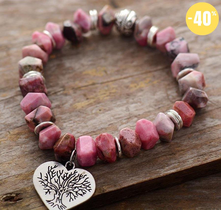 Bracelet en Rhodonite et son charme Cœur gravé Arbre de vie