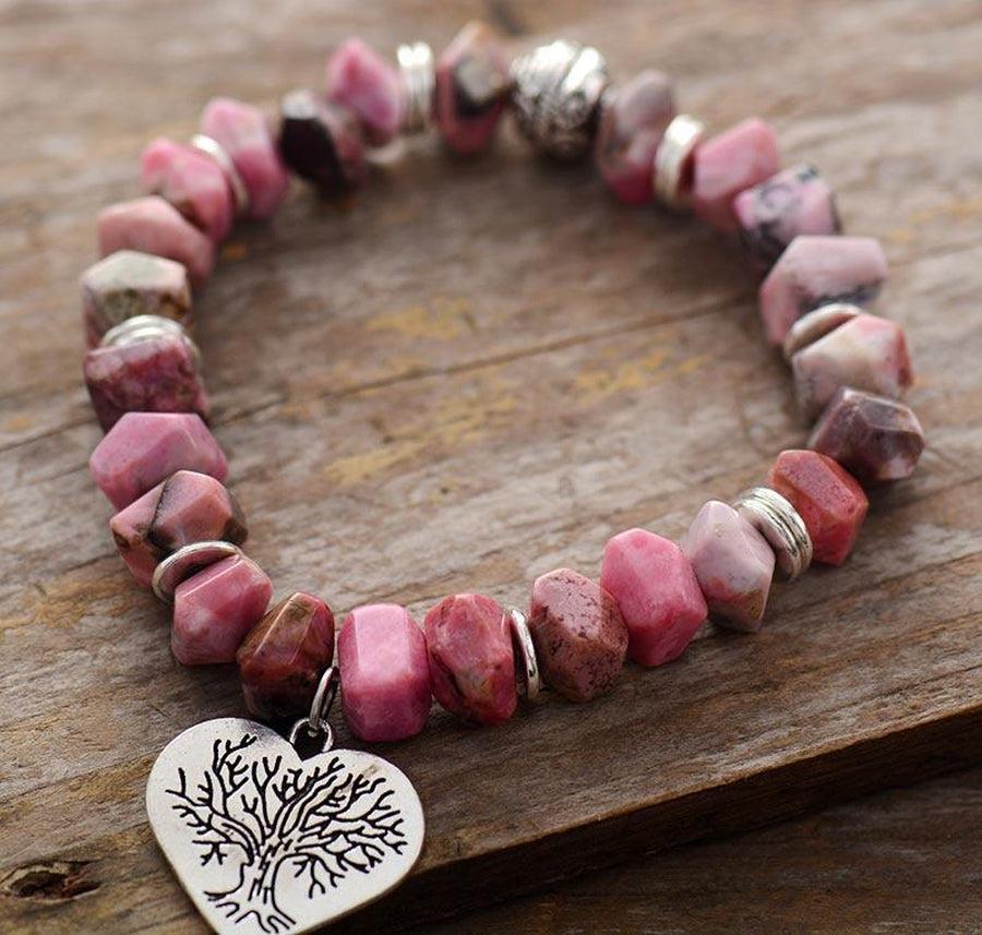 Bracelet en Rhodonite et son charme Cœur gravé Arbre de vie