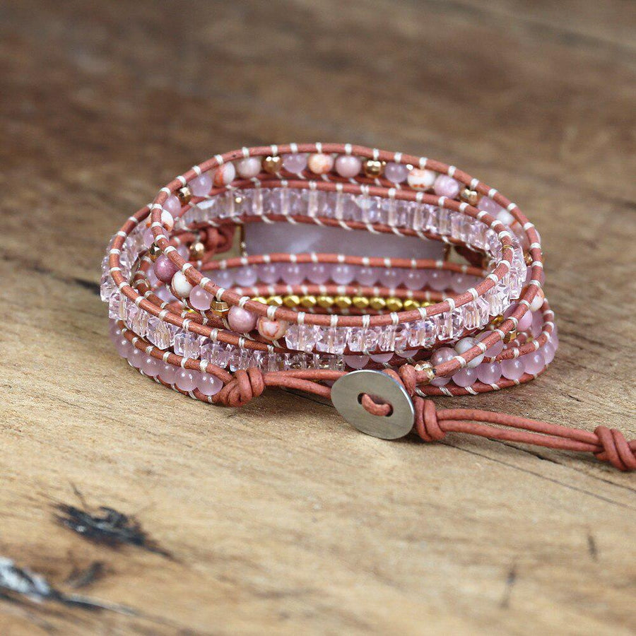 Bracelet enveloppant en pierres, cristal de bohême rose