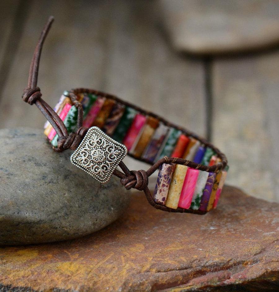 Bracelet «esprit clair» en cuir et pierres de Jaspe