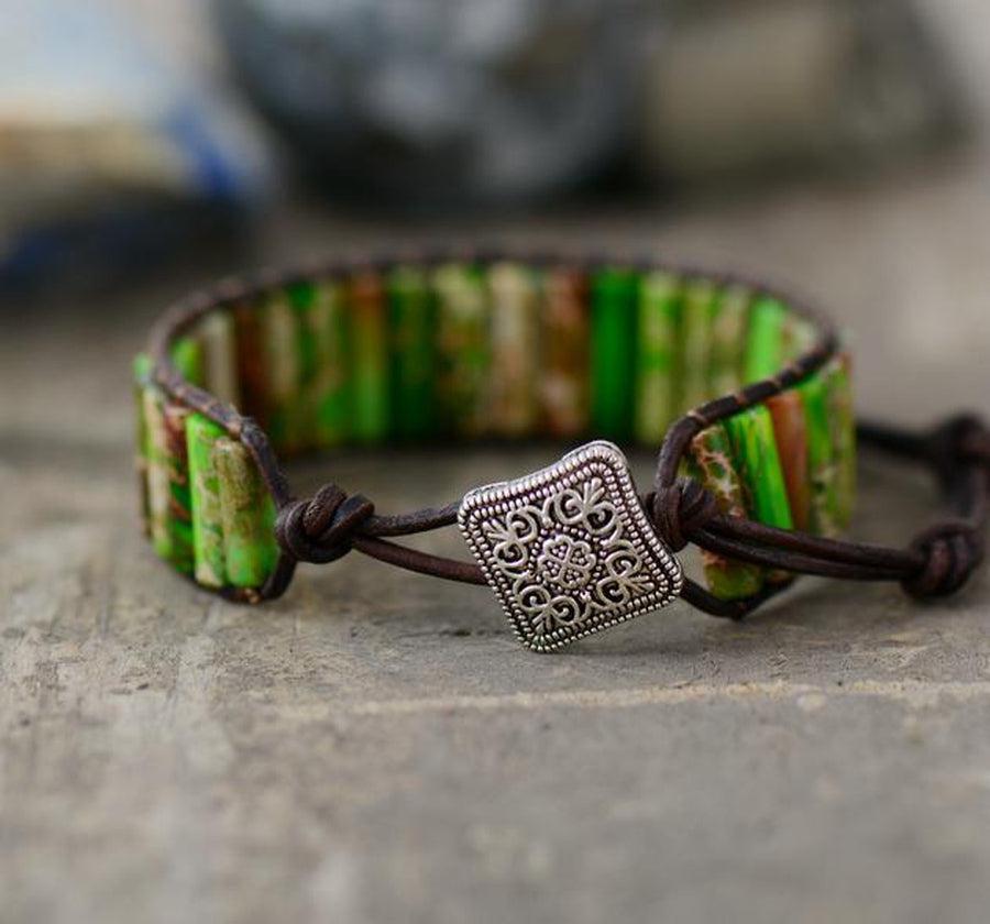 Bracelet «esprit clair» en cuir et pierres de Jaspe