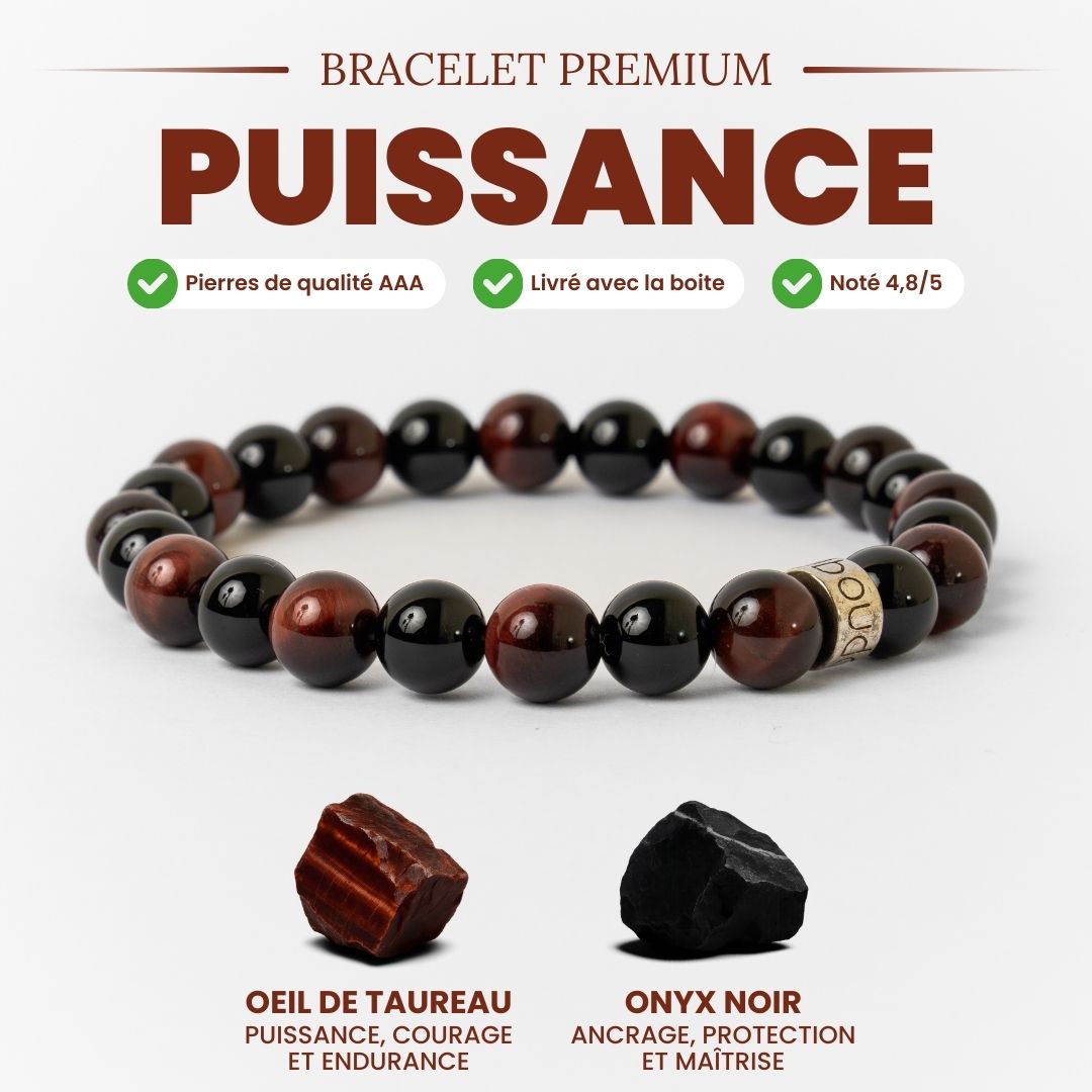 Bracelet « Force & Puissance » en Œil de Taureau et Onyx Noir
