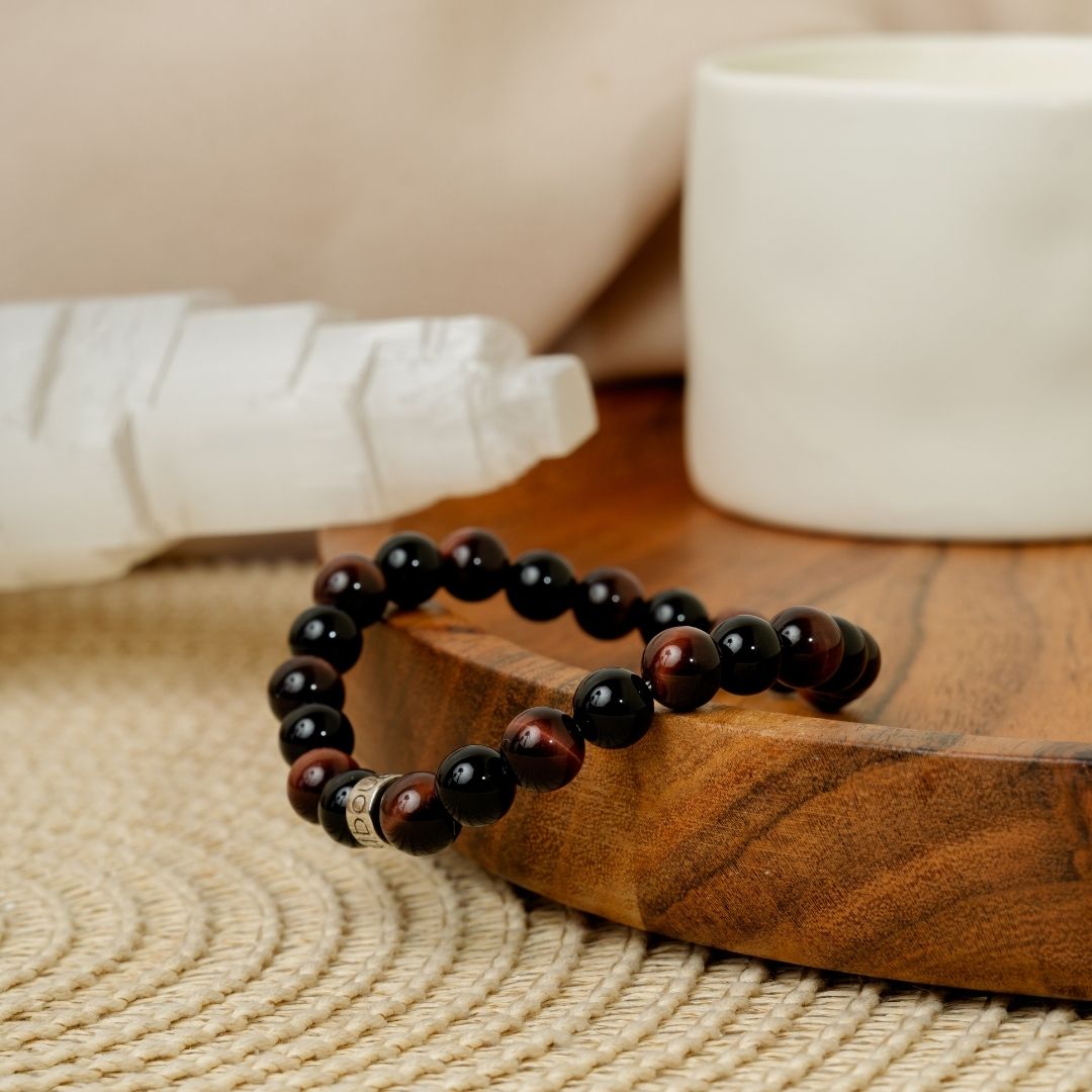 Bracelet « Force & Puissance » en Œil de Taureau et Onyx Noir