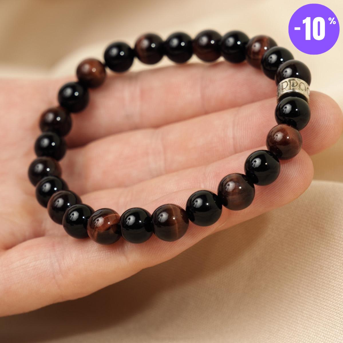 Bracelet « Force & Puissance » en Oeil de Tigre Rouge et Onyx Noir