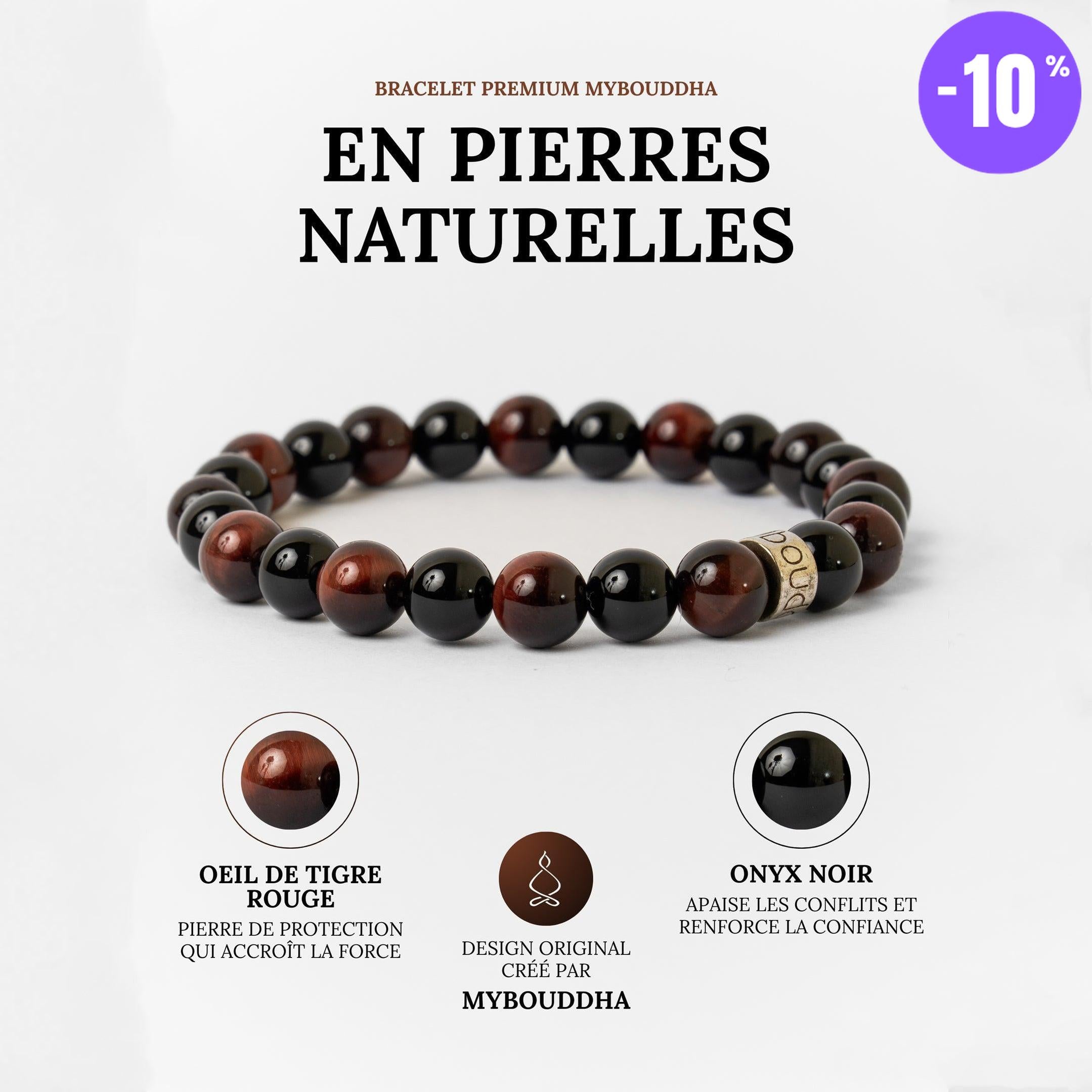 Bracelet « Force & Puissance » en Oeil de Tigre Rouge et Onyx Noir