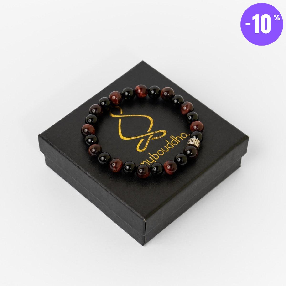 Bracelet « Force & Puissance » en Oeil de Tigre Rouge et Onyx Noir