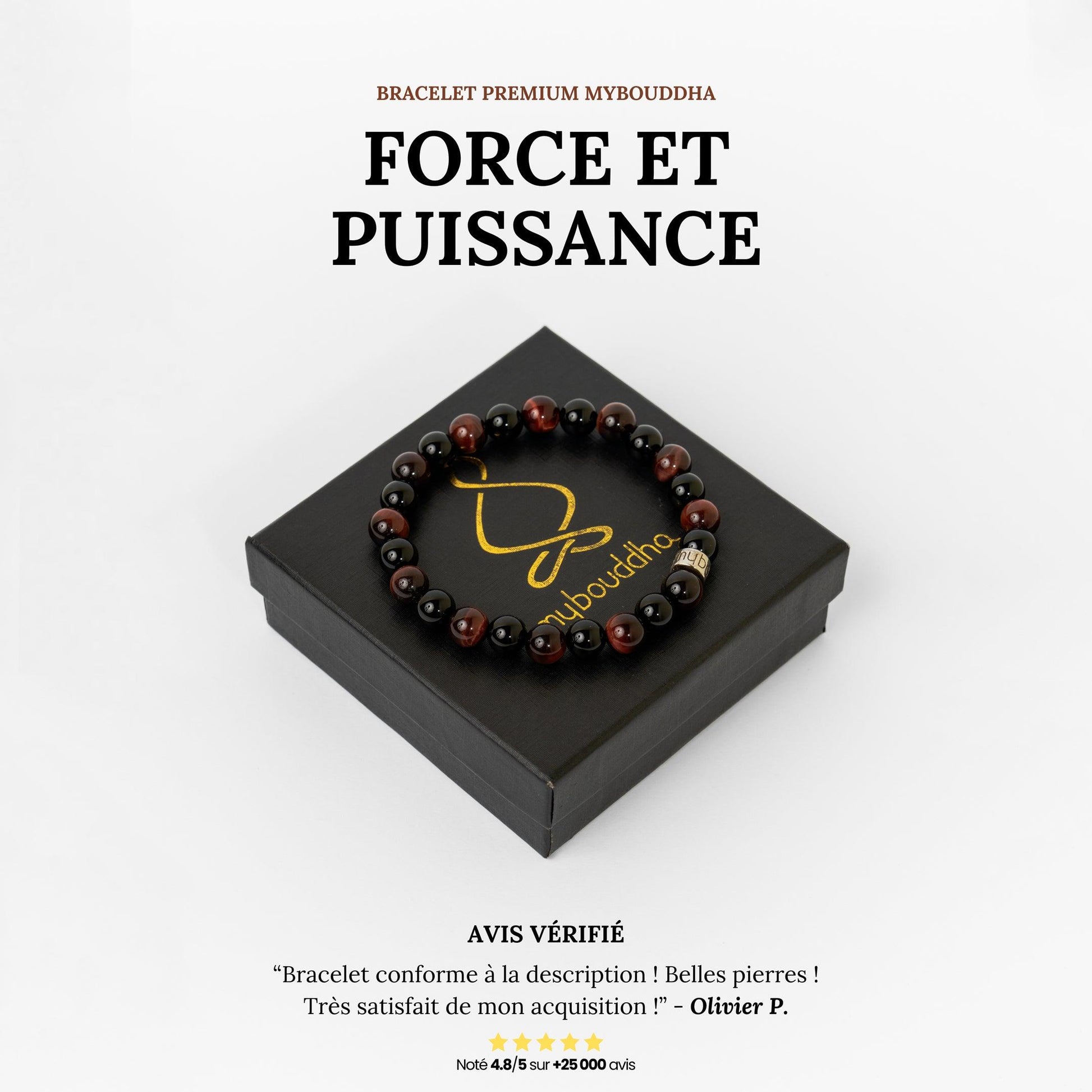 Bracelet « Force & Puissance » en Oeil de Tigre Rouge et Onyx Noir