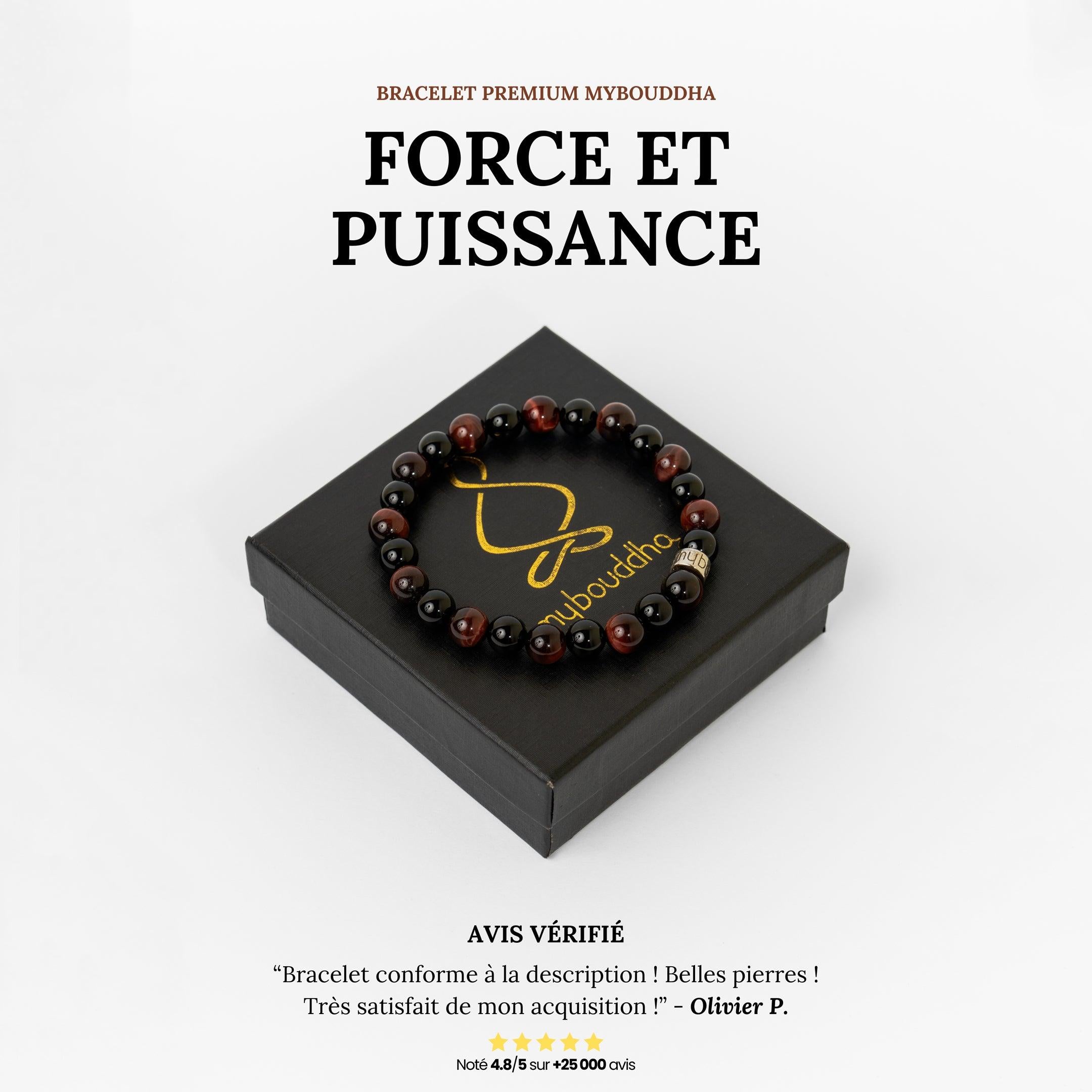 Bracelet « Force & Puissance » en Oeil de Tigre Rouge et Onyx Noir