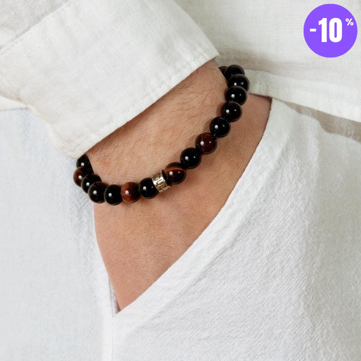 Bracelet « Force & Puissance » en Oeil de Tigre Rouge et Onyx Noir